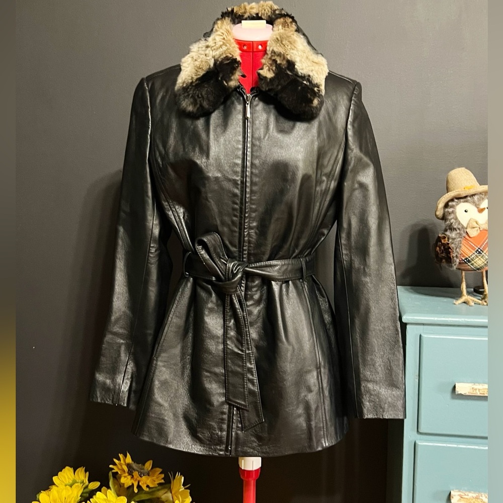 Midnight Velvet Black Leather Jacket with Fur Collar